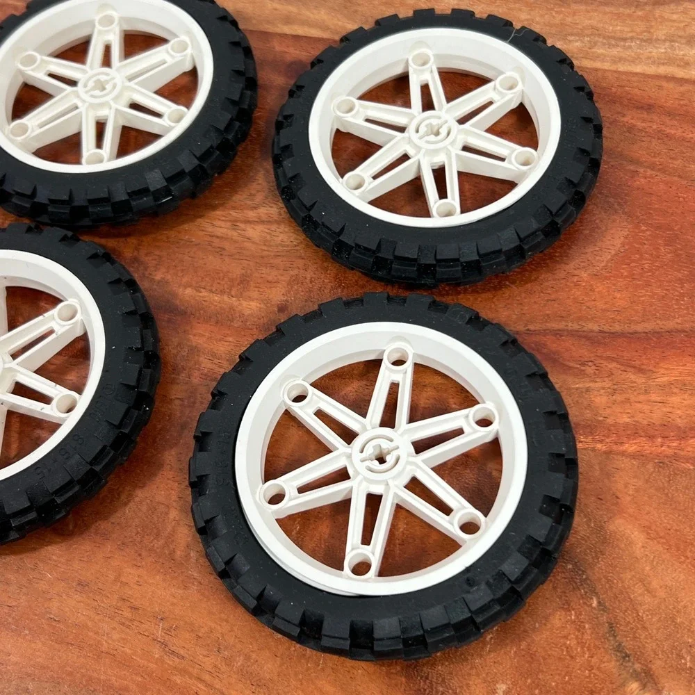LEGO Technic Set of 4 White 6-Spoke Wheels with Black Knobby Tires 81.6 x 15